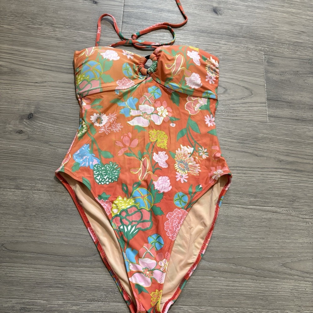 J.Crew Gavotte Floral Ring Halter One Piece Swimsuit Orange Womens Sz 6 Tropical